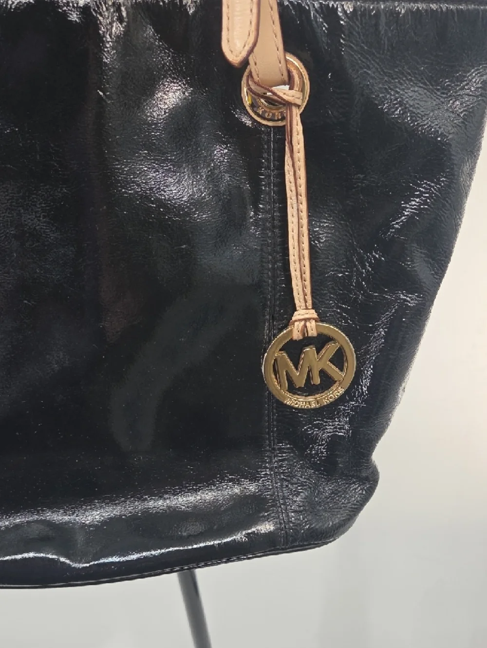 Michael Kors Black Patent Tote with Tan Straps and Gold MK Charm